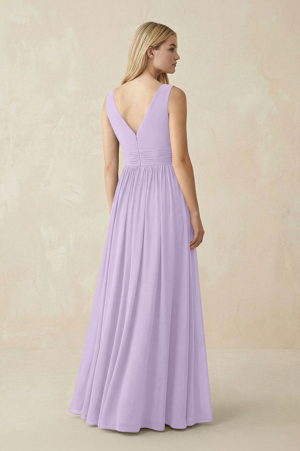 V-Neck Chiffon Pleated A-Line Bridesmaid Dress in Lavender - SHE IS ME BRIDESMAID DRESSES