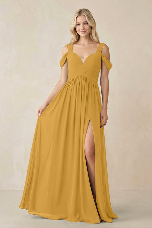 Chiffon A-Line Bridesmaid Dress with Slit  in Marigold - SHE IS ME BRIDESMAID DRESSES
