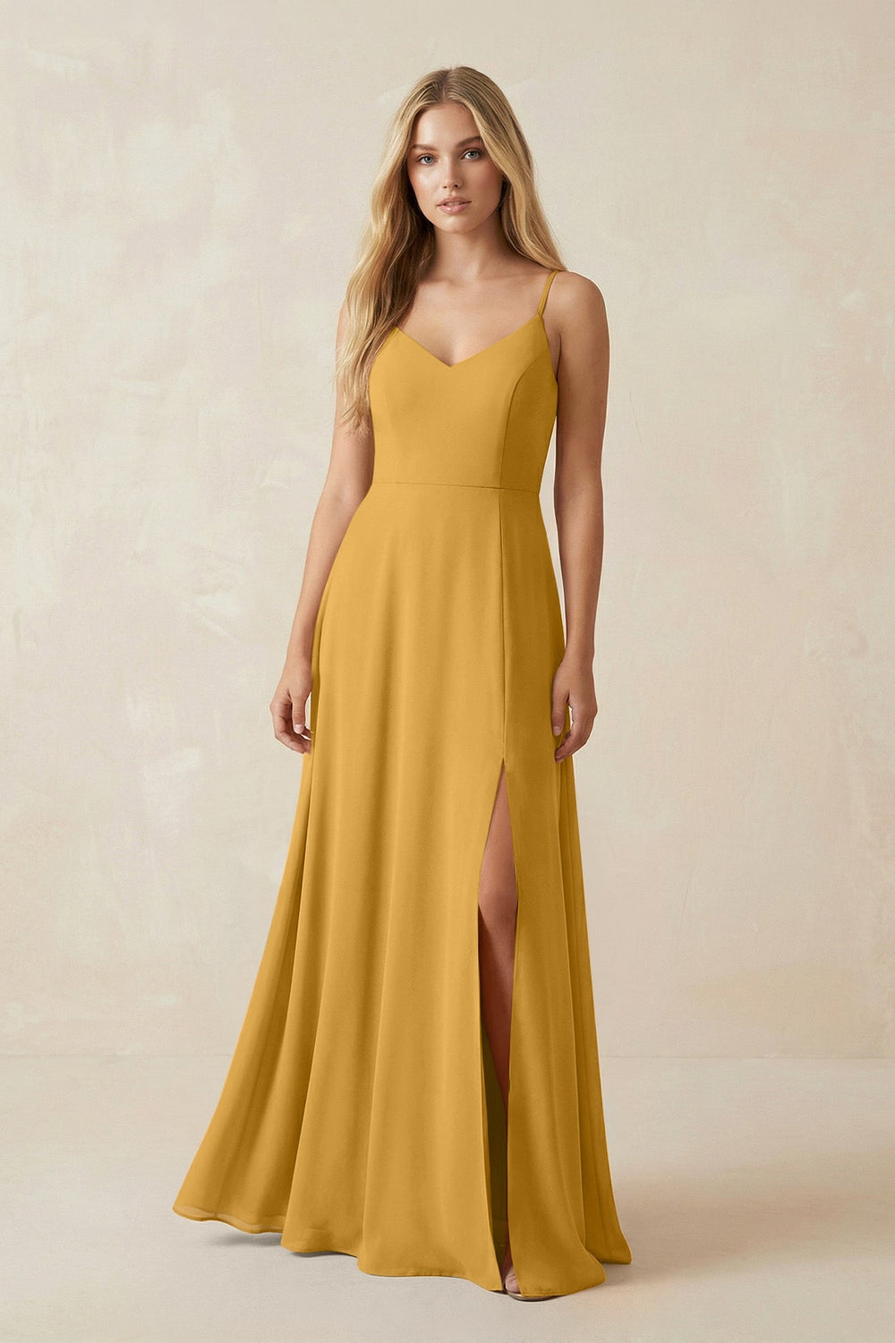 Cami Strap A-Line Chiffon Bridesmaid Dress with Slit in Marigold - KISS BRIDAL BRIDESMAID DRESSES