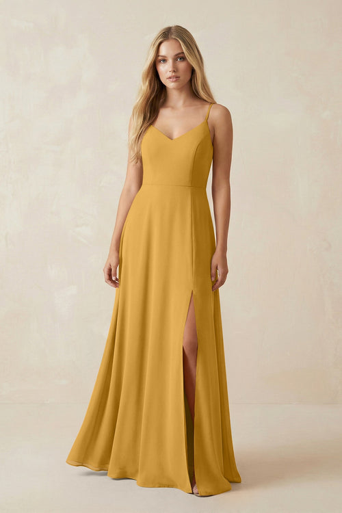 Cami Strap A-Line Chiffon Bridesmaid Dress with Slit in Marigold - SHE IS ME BRIDESMAID DRESSES