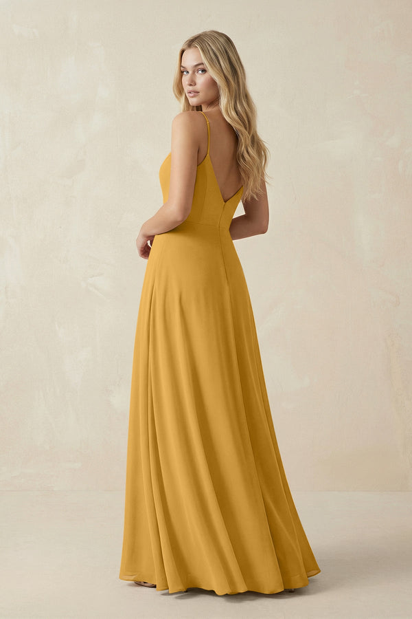 Cami Strap A-Line Chiffon Bridesmaid Dress with Slit in Marigold - SHE IS ME BRIDESMAID DRESSES