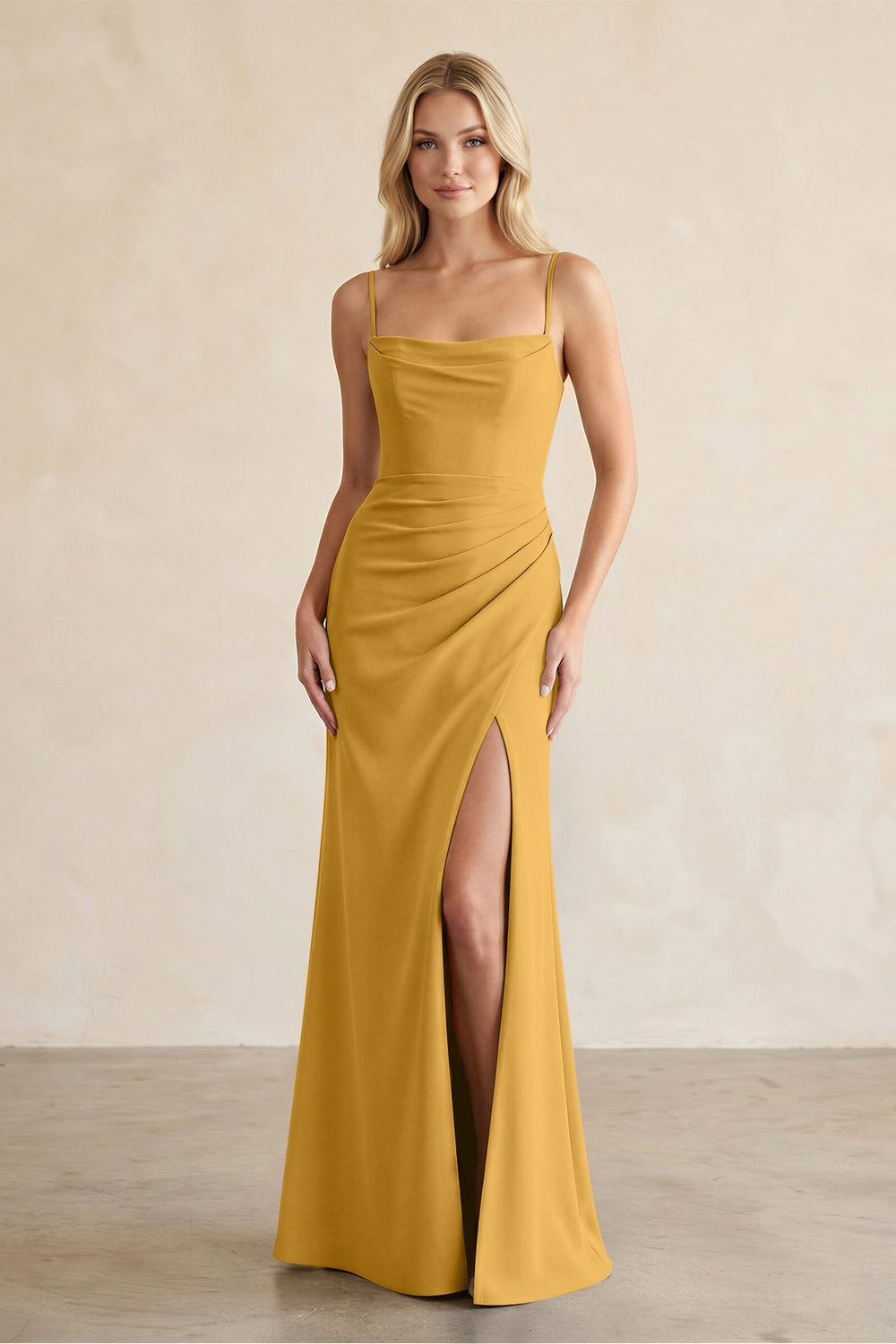 Cami Strap Chiffon Sheath Bridesmaid Dress with Slit in Marigold - KISS BRIDAL BRIDESMAID DRESSES