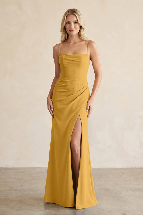 Cami Strap Chiffon Sheath Bridesmaid Dress with Slit in Marigold - SHE IS ME BRIDESMAID DRESSES
