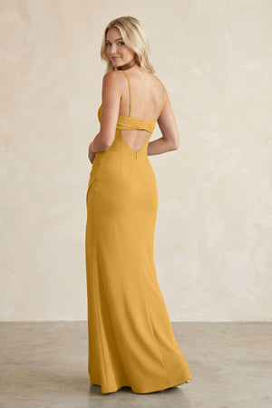 Cami Strap Chiffon Sheath Bridesmaid Dress with Slit in Marigold - SHE IS ME BRIDESMAID DRESSES