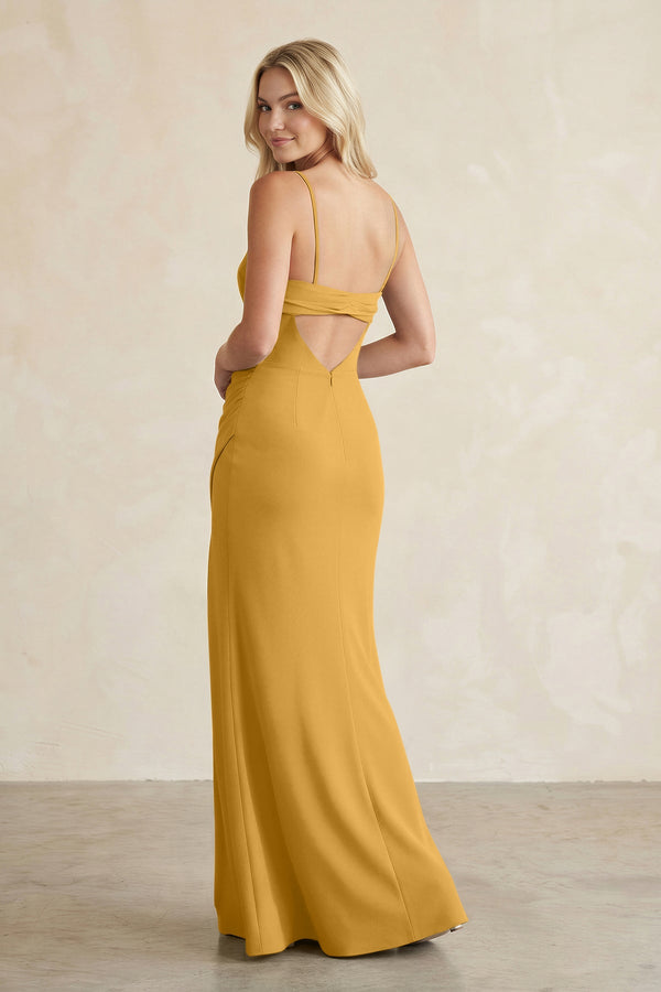 Cami Strap Chiffon Sheath Bridesmaid Dress with Slit in Marigold - SHE IS ME BRIDESMAID DRESSES