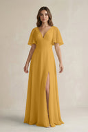 Flutter Sleeve V-Neck A-Line Chiffon Bridesmaid Dress in Marigold
