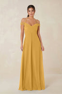 A-Line Off-the-Shoulder Chiffon Bridesmaid Dress in Marigold - KISS BRIDAL BRIDESMAID DRESSES