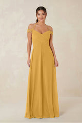 A-Line Off-the-Shoulder Chiffon Bridesmaid Dress in Marigold - KISS BRIDAL BRIDESMAID DRESSES