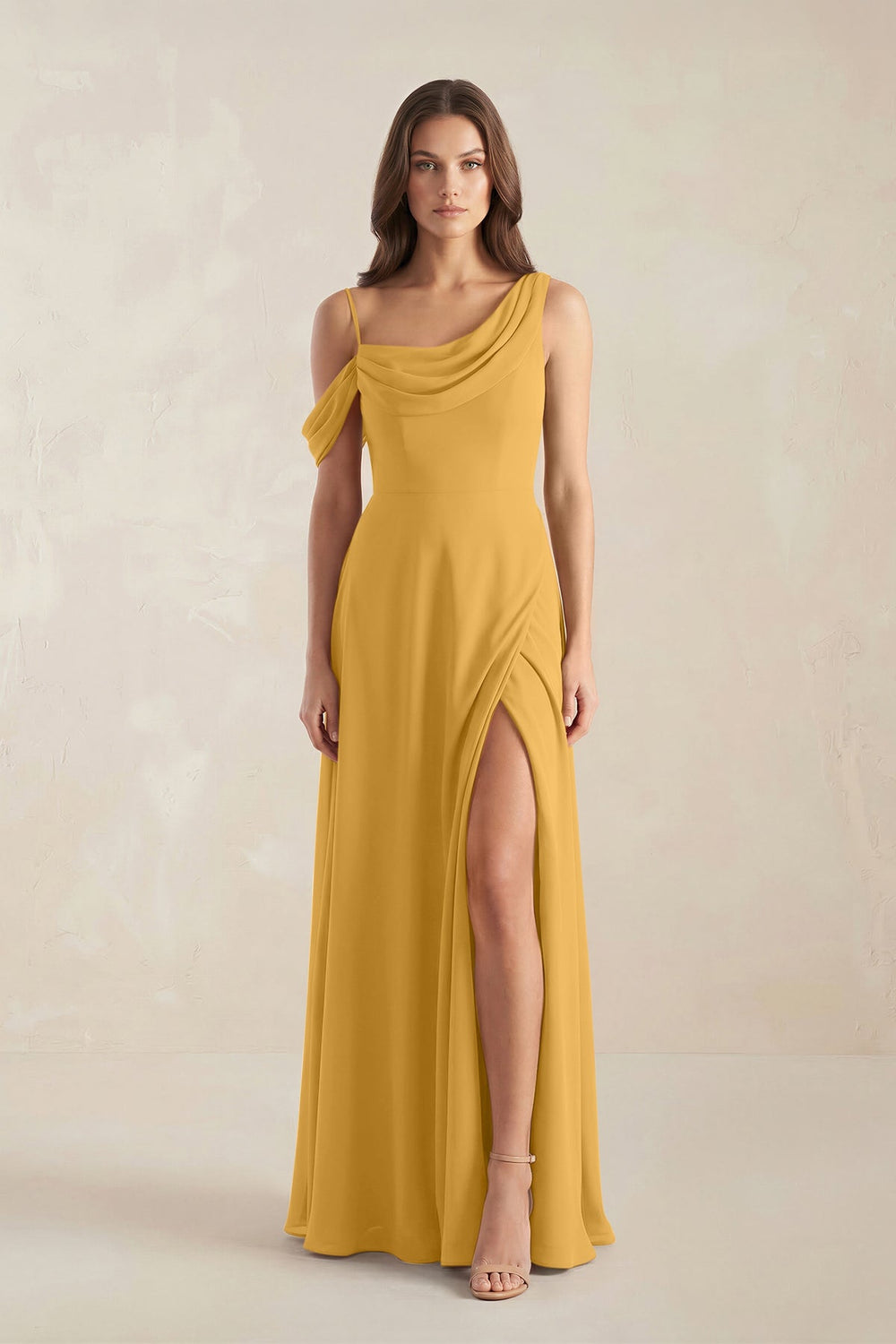 One-Shoulder Chiffon A-Line Bridesmaid Dress in Marigold - KISS BRIDAL BRIDESMAID DRESSES