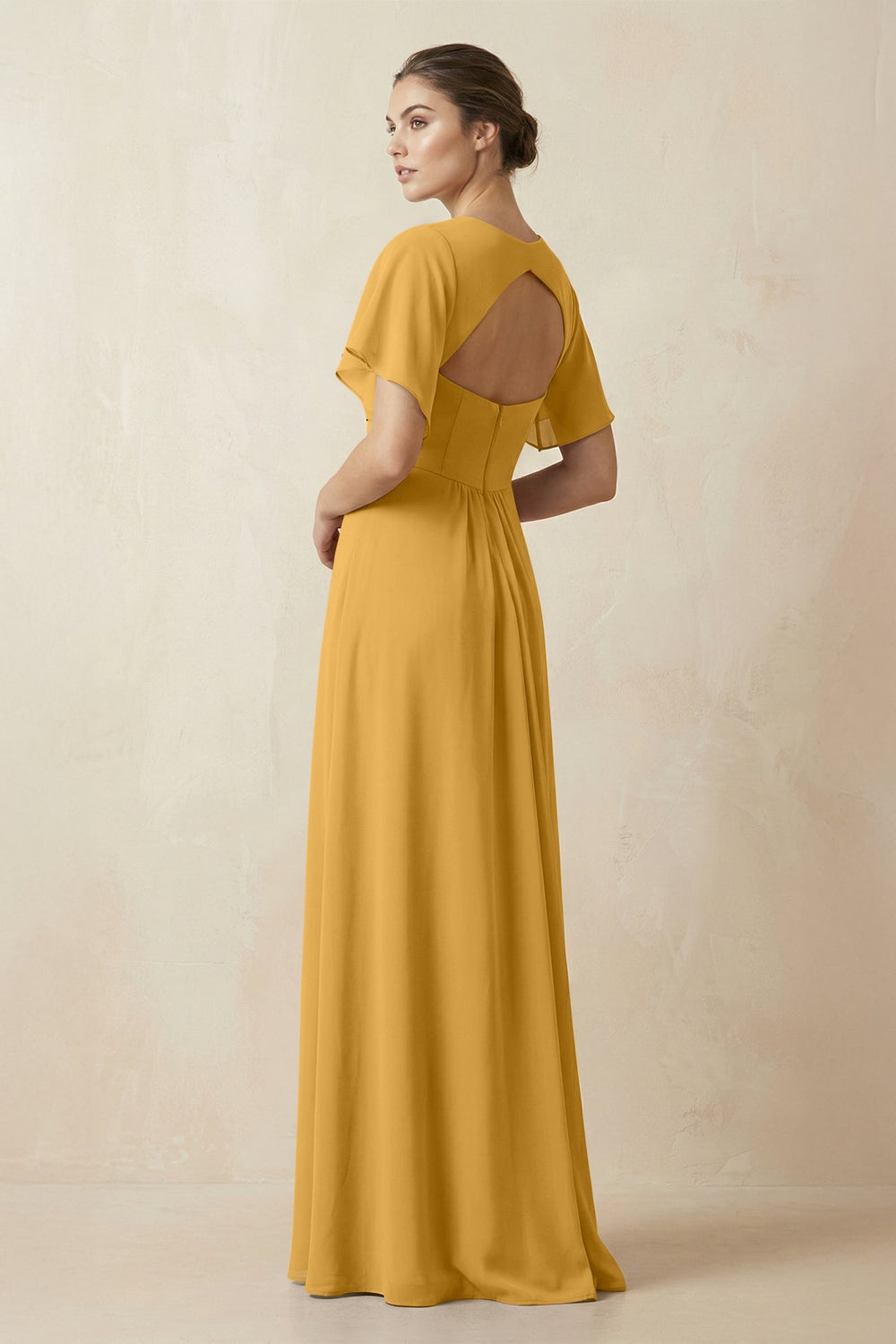 Short Sleeve V-Neck Chiffon A-Line Bridesmaid Dress in Marigold - KISS BRIDAL BRIDESMAID DRESSES