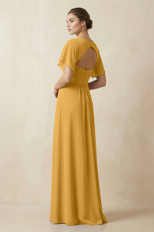 Short Sleeve V-Neck Chiffon A-Line Bridesmaid Dress in Marigold - SHE IS ME BRIDESMAID DRESSES
