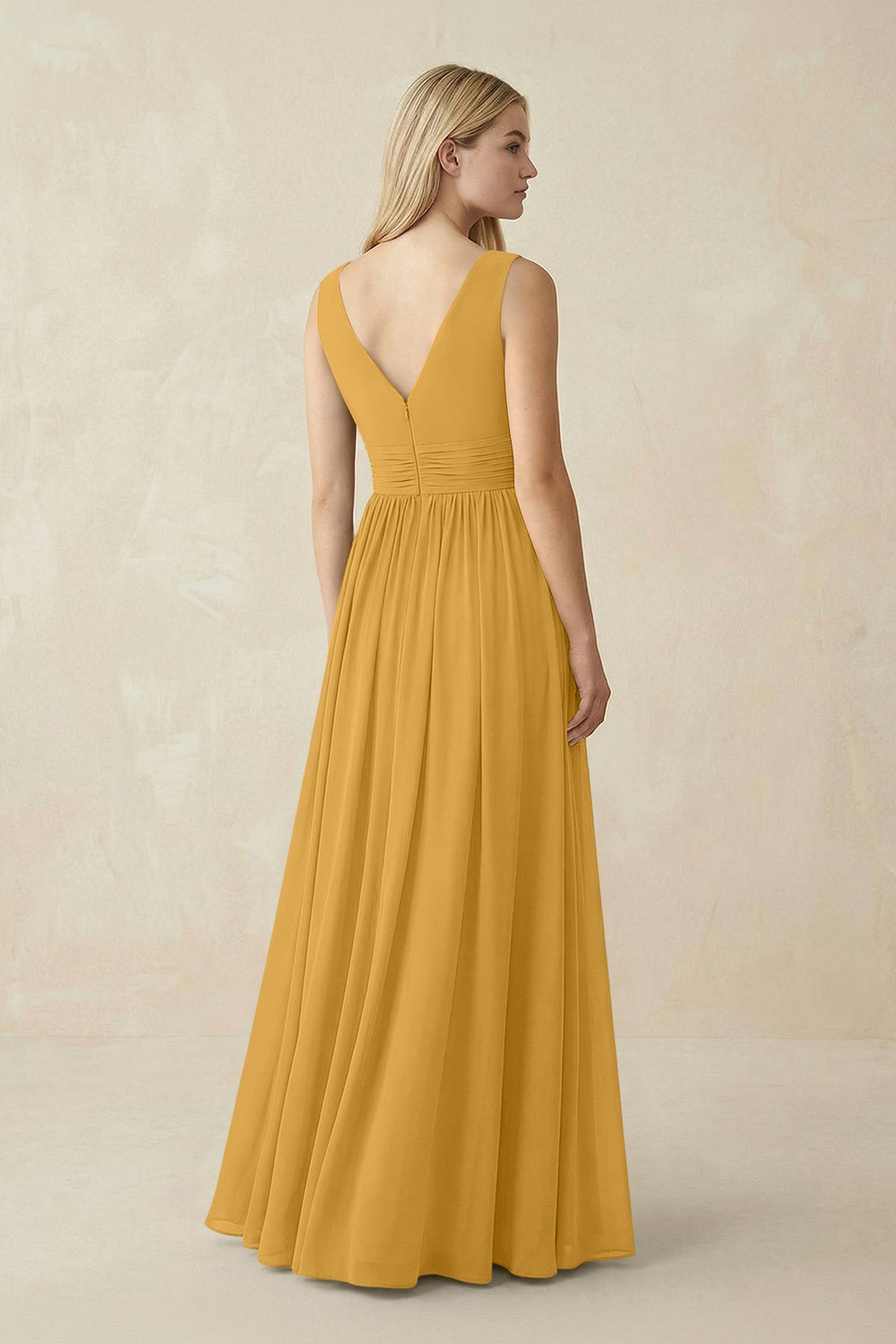 V-Neck Chiffon Pleated A-Line Bridesmaid Dress in Marigold - KISS BRIDAL BRIDESMAID DRESSES