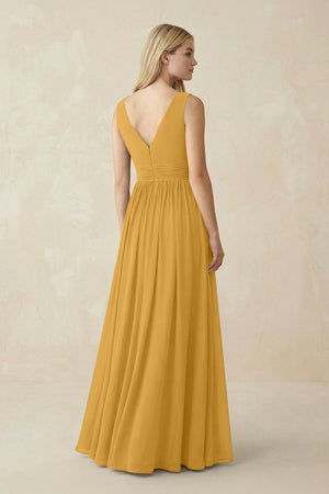 V-Neck Chiffon Pleated A-Line Bridesmaid Dress in Marigold - SHE IS ME BRIDESMAID DRESSES