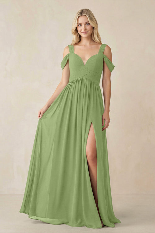 Chiffon A-Line Bridesmaid Dress with Slit  in Matcha - SHE IS ME BRIDESMAID DRESSES