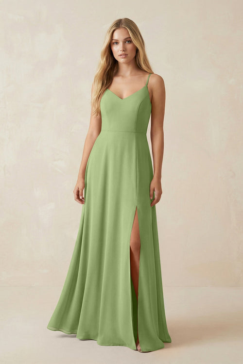 Cami Strap A-Line Chiffon Bridesmaid Dress with Slit in Matcha - SHE IS ME BRIDESMAID DRESSES