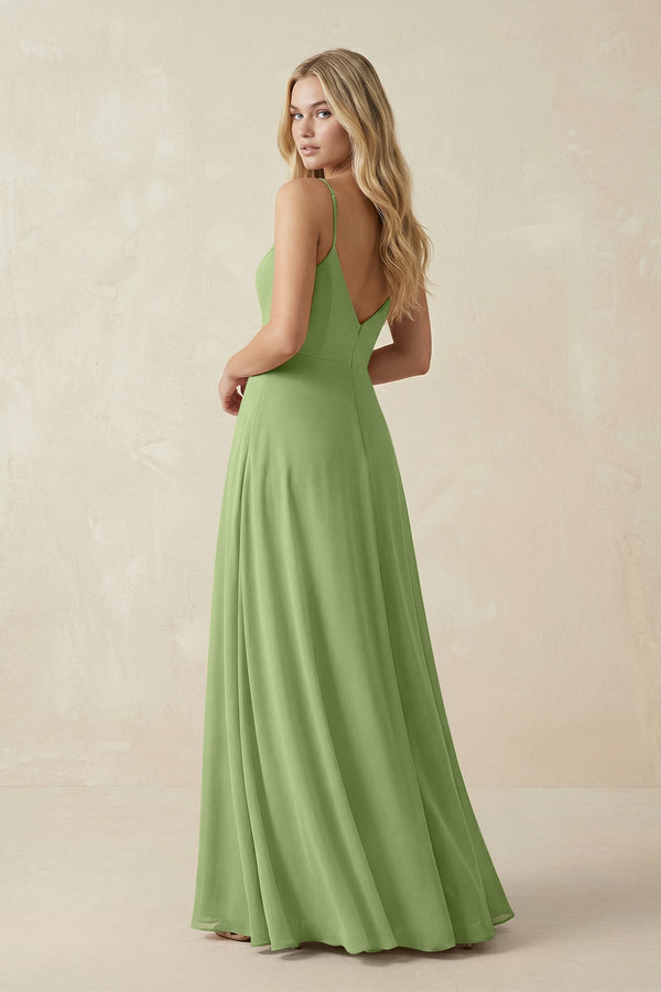 Cami Strap A-Line Chiffon Bridesmaid Dress with Slit in Matcha - SHE IS ME BRIDESMAID DRESSES