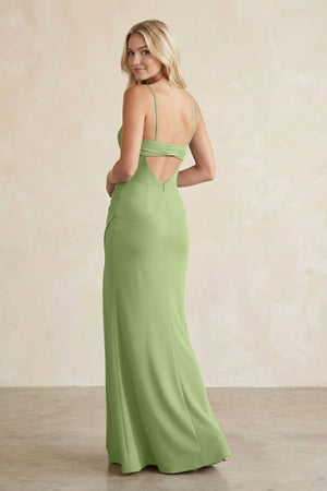 Cami Strap Chiffon Sheath Bridesmaid Dress with Slit in Matcha - SHE IS ME BRIDESMAID DRESSES