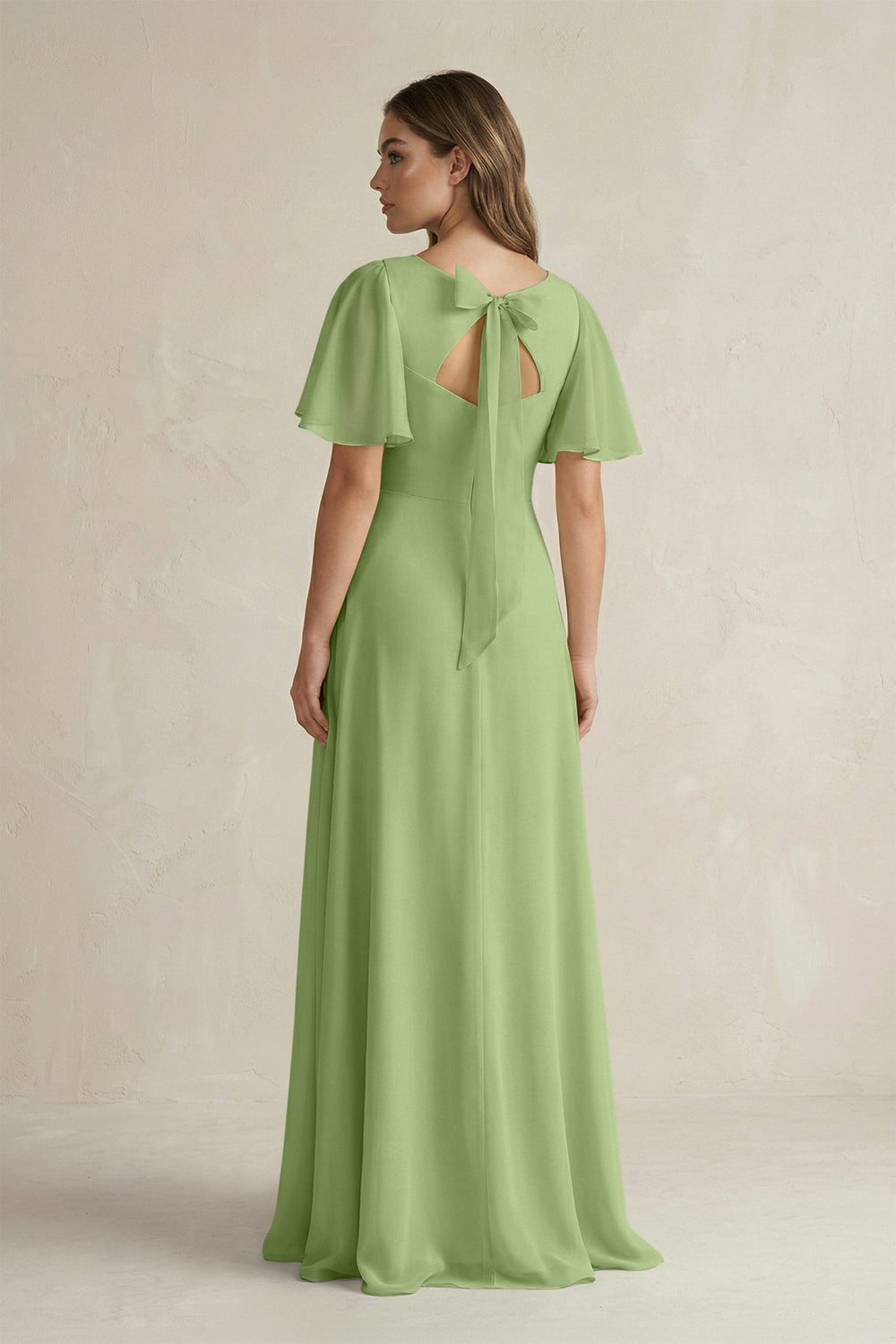 Flutter Sleeve V-Neck A-Line Chiffon Bridesmaid Dress in Matcha