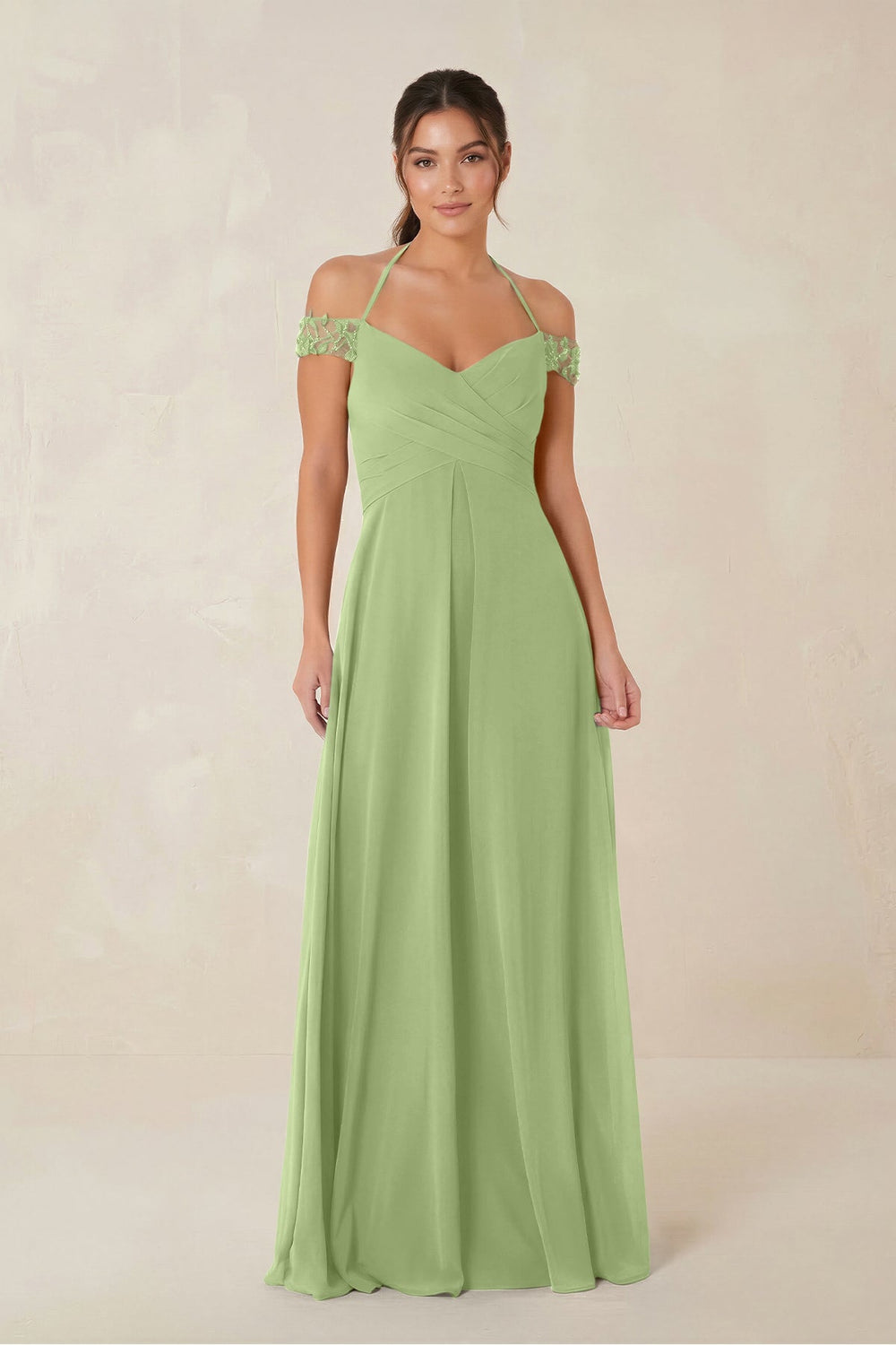 A-Line Off-the-Shoulder Chiffon Bridesmaid Dress in Matcha - KISS BRIDAL BRIDESMAID DRESSES