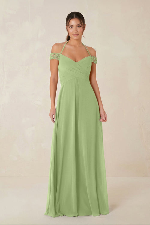 A-Line Off-the-Shoulder Chiffon Bridesmaid Dress in Matcha - KISS BRIDAL BRIDESMAID DRESSES