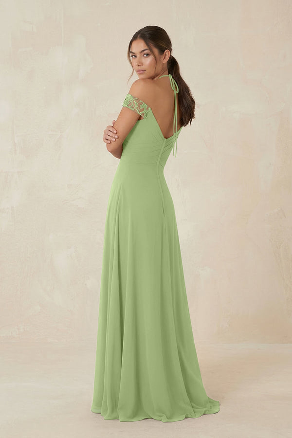 A-Line Off-the-Shoulder Chiffon Bridesmaid Dress in Matcha - KISS BRIDAL BRIDESMAID DRESSES