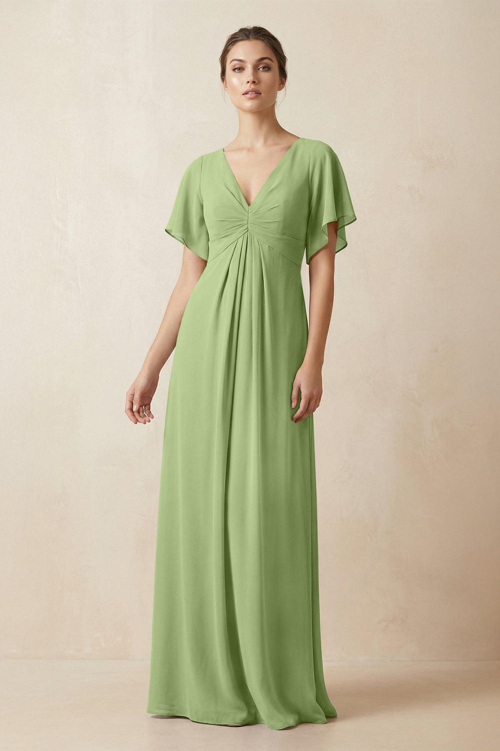 Short Sleeve V-Neck Chiffon A-Line Bridesmaid Dress in Matcha - KISS BRIDAL BRIDESMAID DRESSES