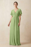 Short Sleeve V-Neck Chiffon A-Line Bridesmaid Dress in Matcha - SHE IS ME BRIDESMAID DRESSES