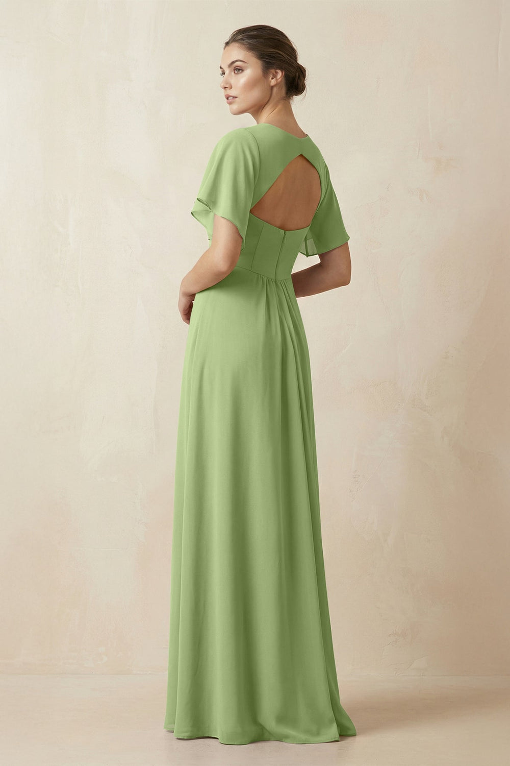 Short Sleeve V-Neck Chiffon A-Line Bridesmaid Dress in Matcha - KISS BRIDAL BRIDESMAID DRESSES