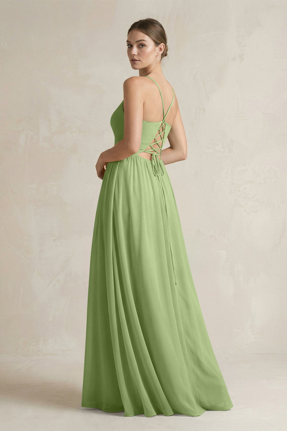A-Line Spaghetti Strap Chiffon Bridesmaid Dress in Matcha - SHE IS ME BRIDESMAID DRESSES