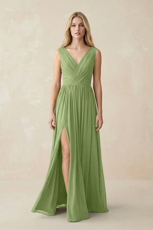 V-Neck Chiffon Pleated A-Line Bridesmaid Dress in Matcha - SHE IS ME BRIDESMAID DRESSES
