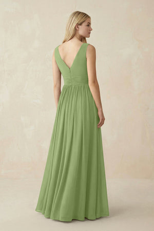 V-Neck Chiffon Pleated A-Line Bridesmaid Dress in Matcha - SHE IS ME BRIDESMAID DRESSES
