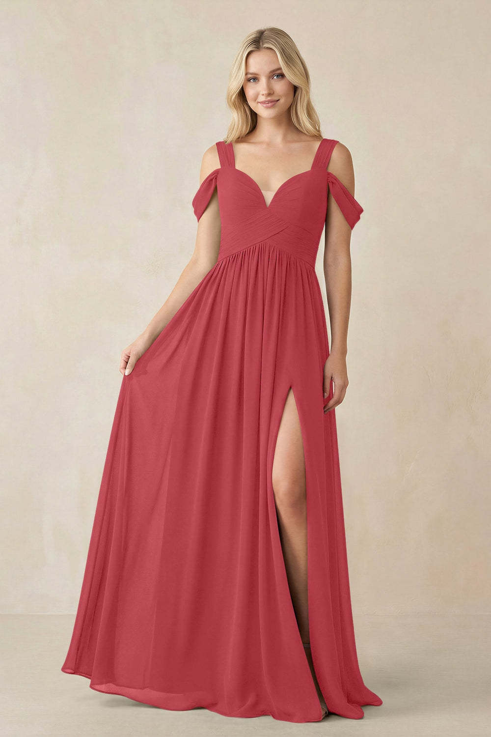 Chiffon A-Line Bridesmaid Dress with Slit  in Merlot - KISS BRIDAL BRIDESMAID DRESSES