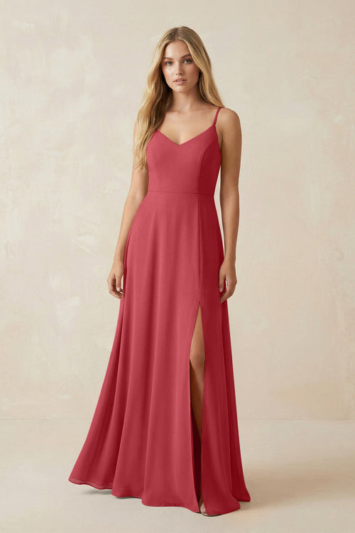 Cami Strap A-Line Chiffon Bridesmaid Dress with Slit in Merlot - SHE IS ME BRIDESMAID DRESSES