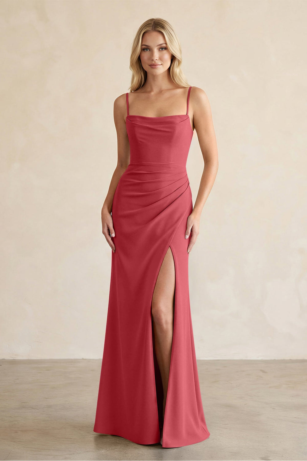 Cami Strap Chiffon Sheath Bridesmaid Dress with Slit in Merlot - KISS BRIDAL BRIDESMAID DRESSES