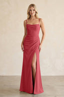 Cami Strap Chiffon Sheath Bridesmaid Dress with Slit in Merlot - SHE IS ME BRIDESMAID DRESSES