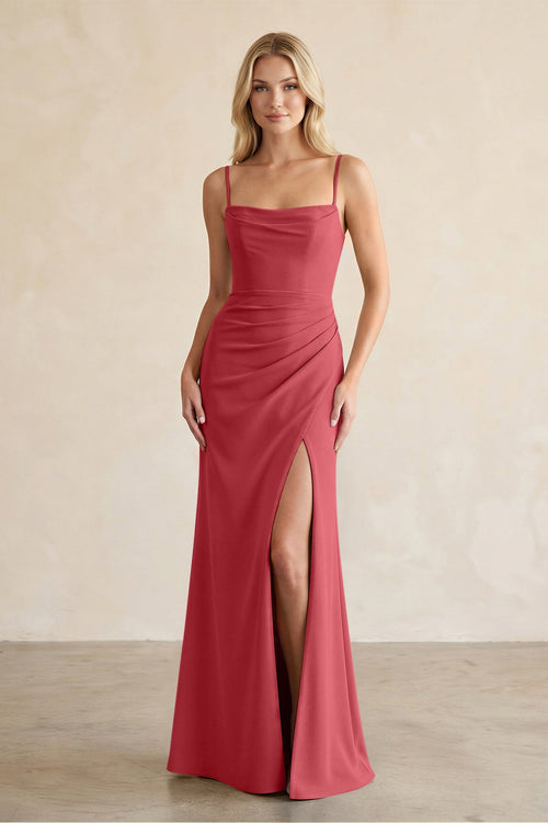 Cami Strap Chiffon Sheath Bridesmaid Dress with Slit in Merlot - SHE IS ME BRIDESMAID DRESSES