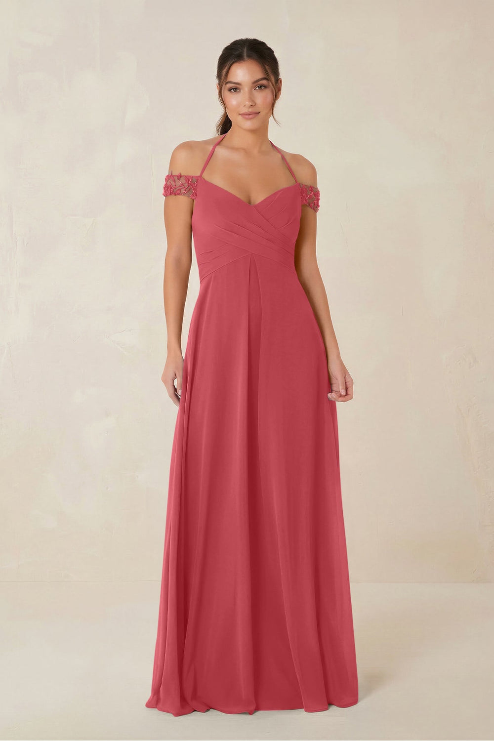 A-Line Off-the-Shoulder Chiffon Bridesmaid Dress in Merlot - KISS BRIDAL BRIDESMAID DRESSES