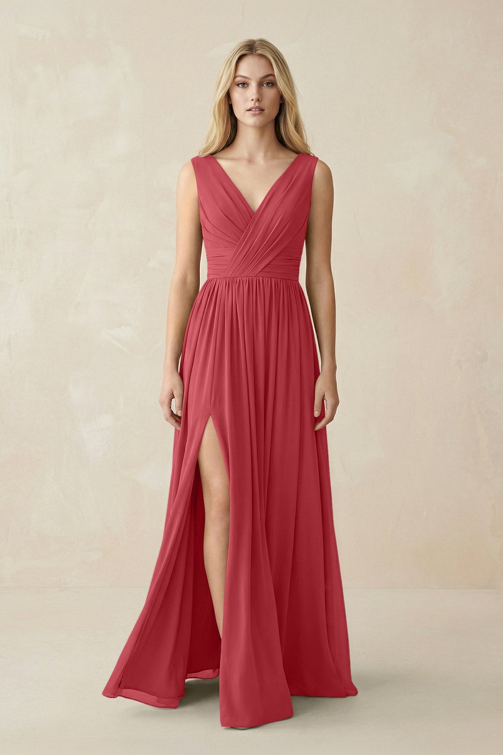 V-Neck Chiffon Pleated A-Line Bridesmaid Dress in Merlot - KISS BRIDAL BRIDESMAID DRESSES