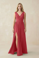 V-Neck Chiffon Pleated A-Line Bridesmaid Dress in Merlot - SHE IS ME BRIDESMAID DRESSES