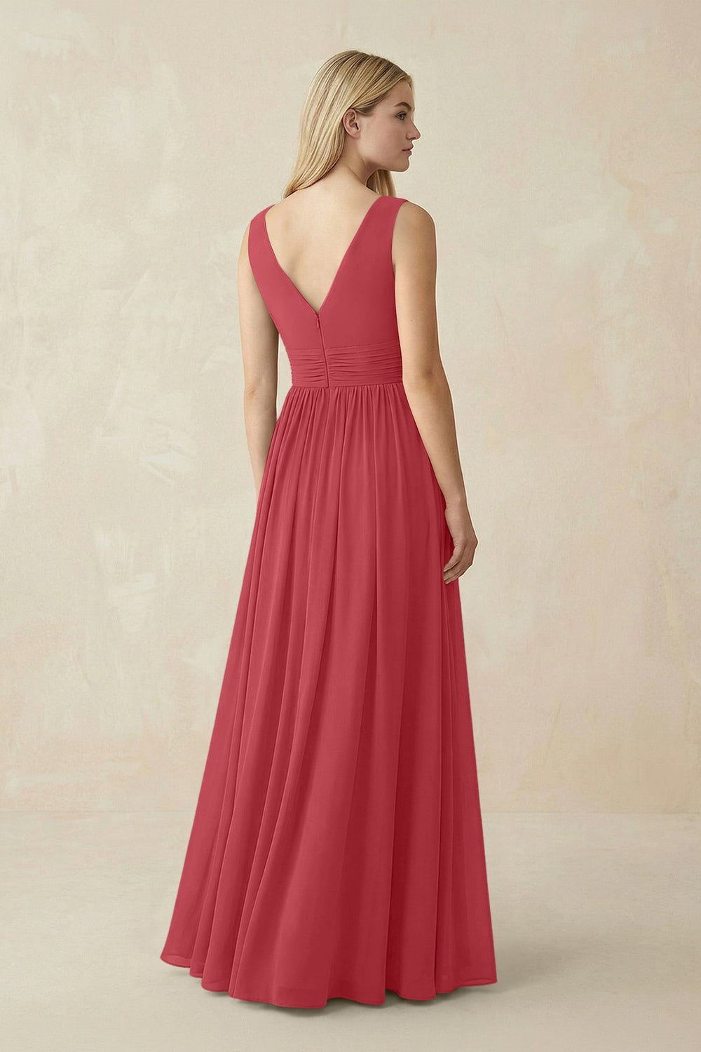 V-Neck Chiffon Pleated A-Line Bridesmaid Dress in Merlot - KISS BRIDAL BRIDESMAID DRESSES