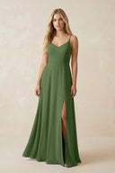 Cami Strap A-Line Chiffon Bridesmaid Dress with Slit in Moss - SHE IS ME BRIDESMAID DRESSES