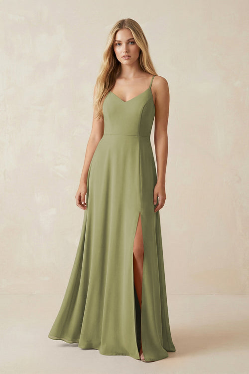 Cami Strap A-Line Chiffon Bridesmaid Dress with Slit in Moss Green - SHE IS ME BRIDESMAID DRESSES