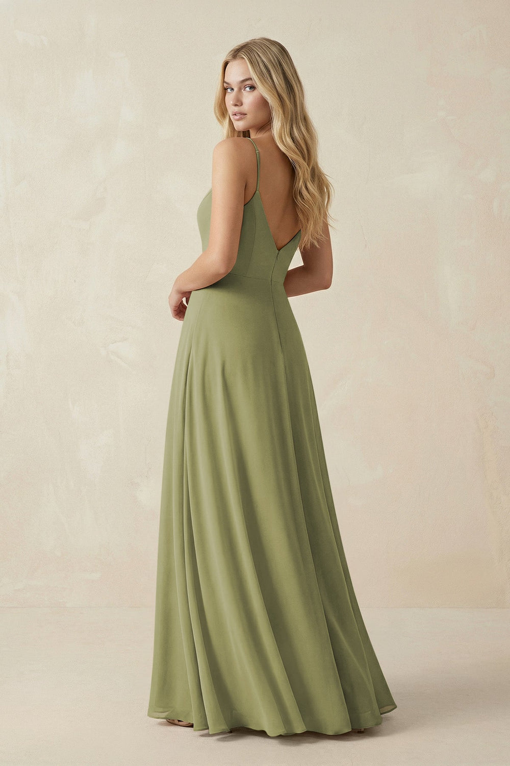 Cami Strap A-Line Chiffon Bridesmaid Dress with Slit in Moss Green - KISS BRIDAL BRIDESMAID DRESSES