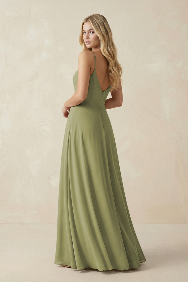 Cami Strap A-Line Chiffon Bridesmaid Dress with Slit in Moss Green - SHE IS ME BRIDESMAID DRESSES