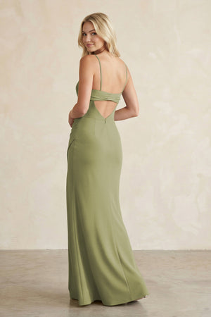 Cami Strap Chiffon Sheath Bridesmaid Dress with Slit in Moss Green - SHE IS ME BRIDESMAID DRESSES