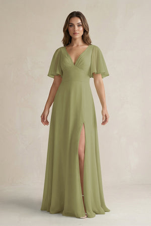 Flutter Sleeve V-Neck A-Line Chiffon Bridesmaid Dress in Moss Green