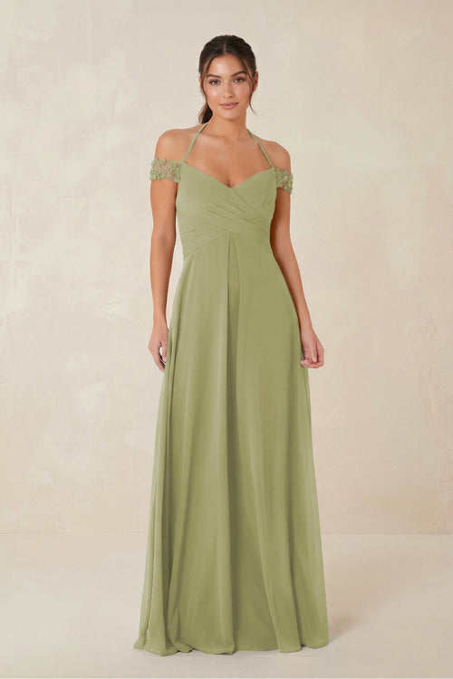 A-Line Off-the-Shoulder Chiffon Bridesmaid Dress in Moss Green - KISS BRIDAL BRIDESMAID DRESSES