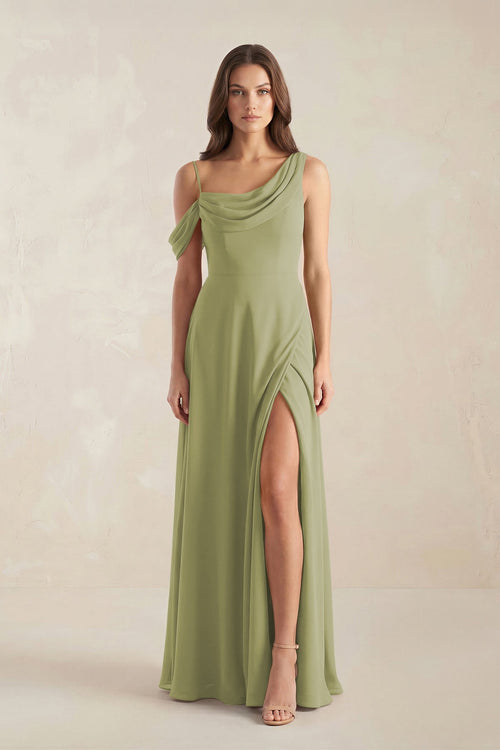 One-Shoulder Chiffon A-Line Bridesmaid Dress in Moss Green - SHE IS ME BRIDESMAID DRESSES