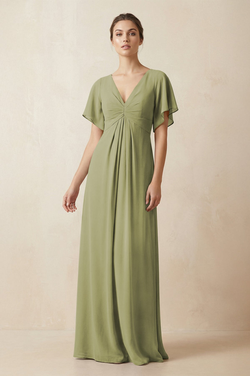 Short Sleeve V-Neck Chiffon A-Line Bridesmaid Dress in Moss Green - KISS BRIDAL BRIDESMAID DRESSES