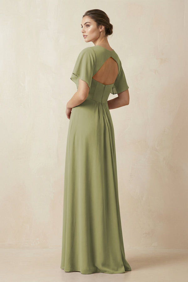Short Sleeve V-Neck Chiffon A-Line Bridesmaid Dress in Moss Green - SHE IS ME BRIDESMAID DRESSES